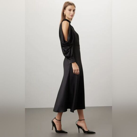 ARIAS Black Halter Neck Satin Cold Shoulder Midi Dress Size 10 - Picture 15 of 15